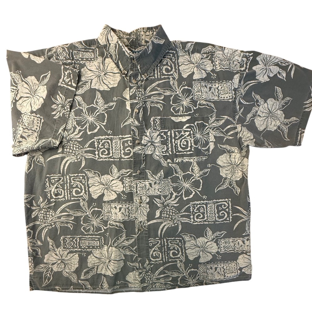 Big Dogs Mens 2X Hawaiian Shirt Green Yellow Tropical Hibiscus Cotton Button Up